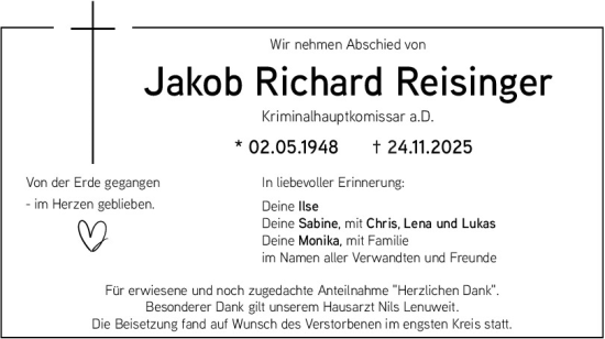 Traueranzeige von Jakob Richard Reisinger von Mittelbayerische Zeitung Regensburg