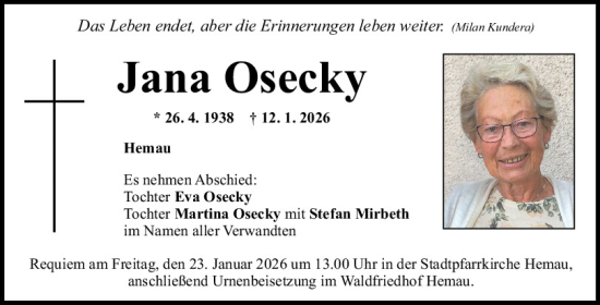 Traueranzeige von Jana Osecky von Mittelbayerische Zeitung Regensburg