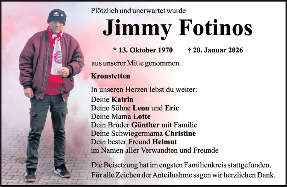  Traueranzeige für Jimmy Fotinos vom 28.01.2026 aus Mittelbayerische Zeitung Schwandorf