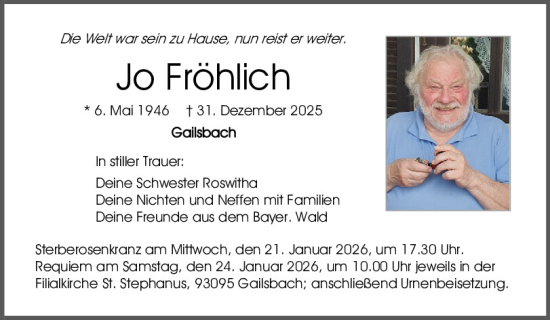 Traueranzeige von Jo Fröhlich von Mittelbayerische Zeitung Regensburg