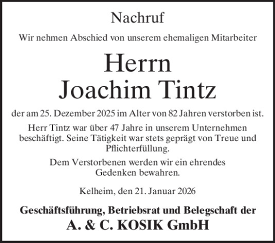 Traueranzeige von Joachim Tintz von Mittelbayerische Zeitung Kelheim