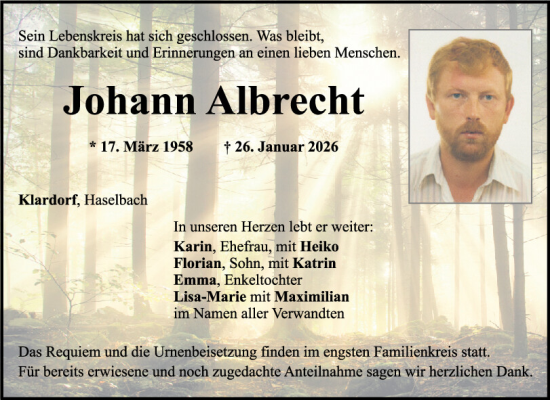 Traueranzeige von Johann Albrecht von Mittelbayerische Zeitung Schwandorf