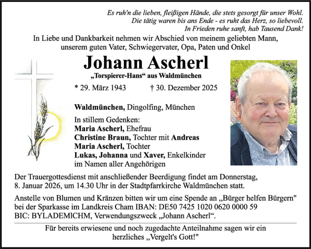  Traueranzeige für Johann Ascherl vom 05.01.2026 aus Bayerwald Echo