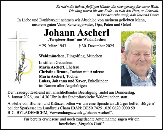 Traueranzeige von Johann Ascherl von Bayerwald Echo