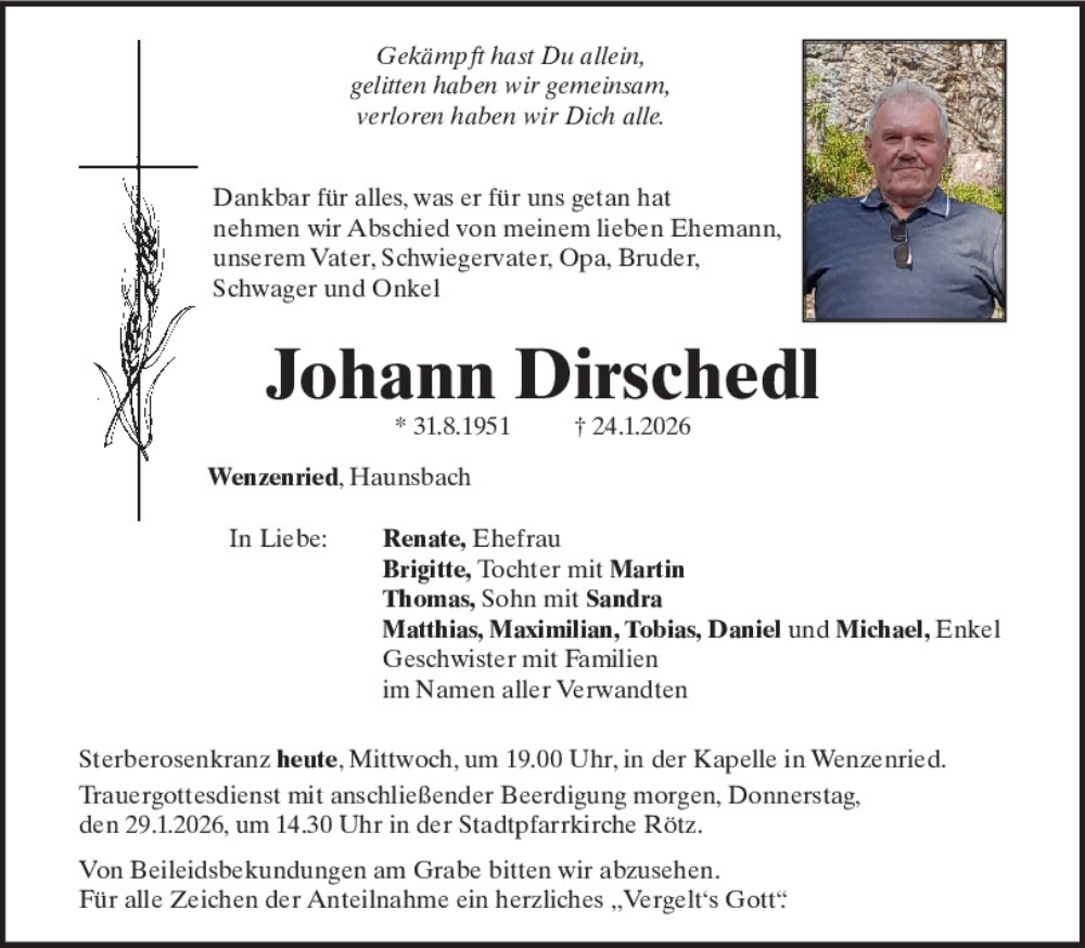  Traueranzeige für Johann Dirschedl vom 28.01.2026 aus Bayerwald Echo