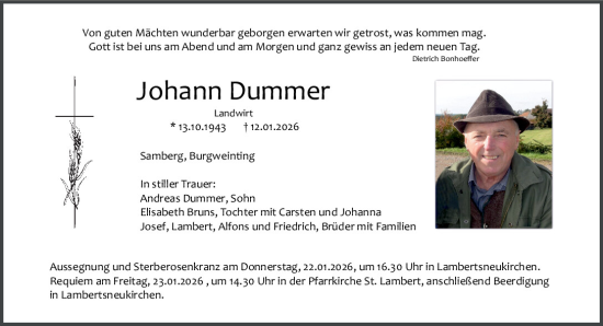 Traueranzeige von Johann Dummer von Mittelbayerische Zeitung Regensburg