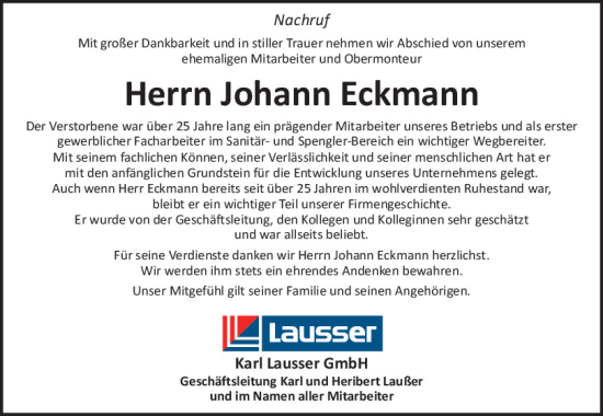 Traueranzeige von Johann Eckmann von Bayerwald Echo