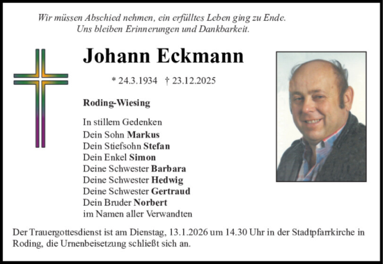 Traueranzeige von Johann Eckmann von Bayerwald Echo