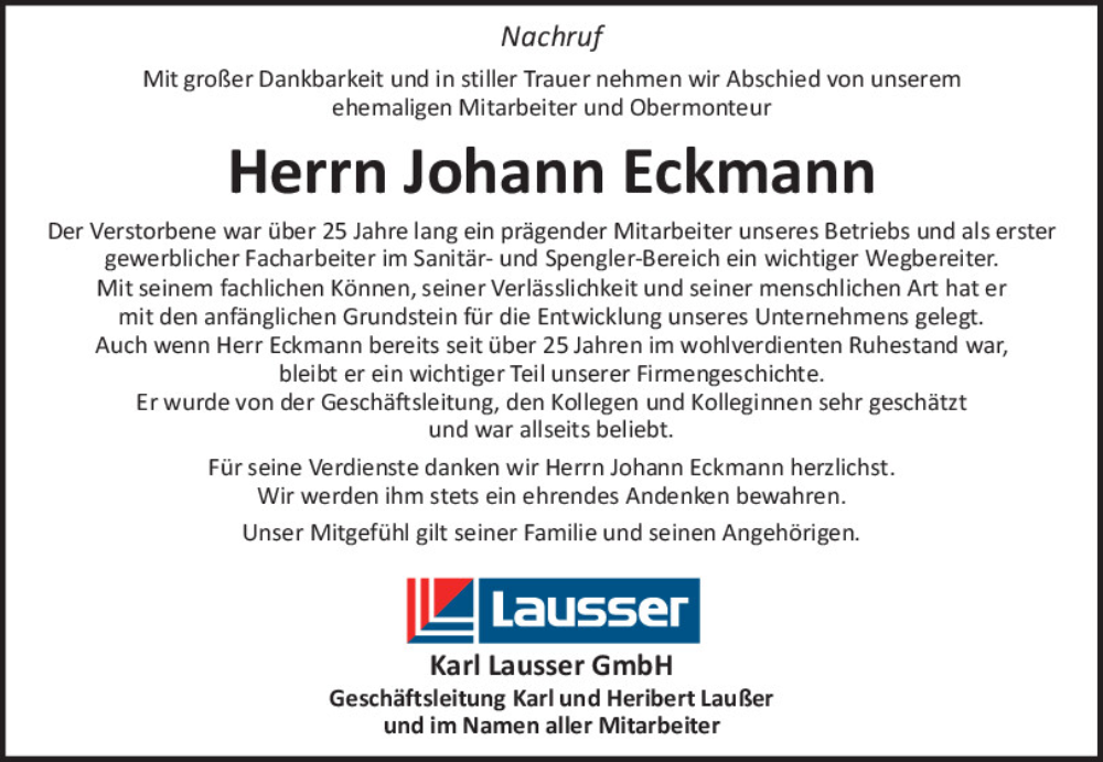  Traueranzeige für Johann Eckmann vom 14.01.2026 aus Bayerwald Echo