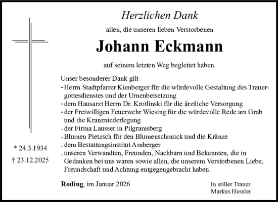 Traueranzeige von Johann Eckmann von Bayerwald Echo