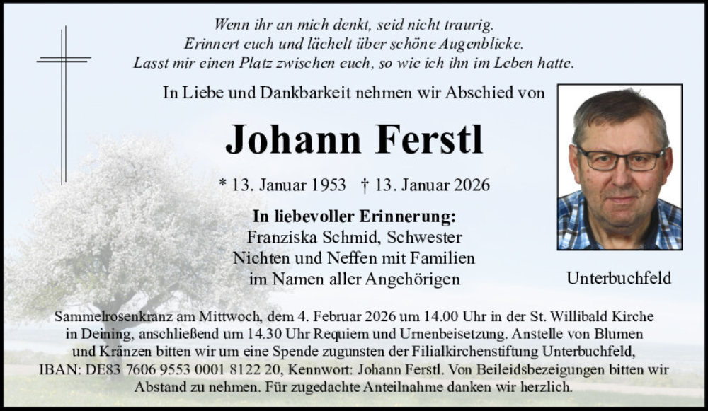  Traueranzeige für Johann Ferstl vom 31.01.2026 aus Neumarkter Tagblatt