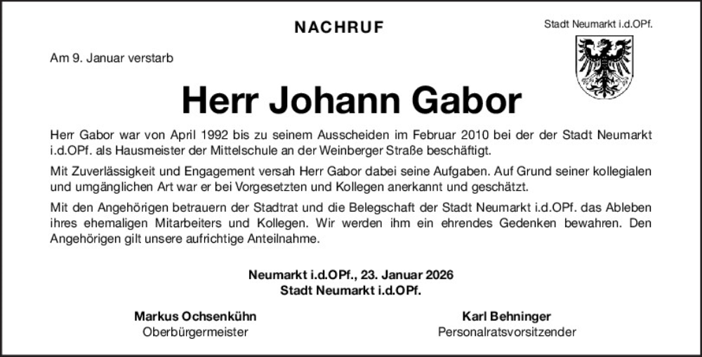  Traueranzeige für Johann Gabor vom 23.01.2026 aus Neumarkter Tagblatt