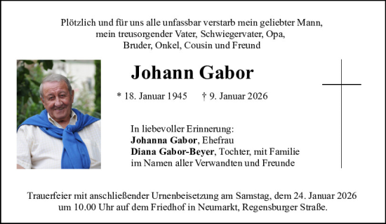 Traueranzeige von Johann Gabor von Neumarkter Tagblatt