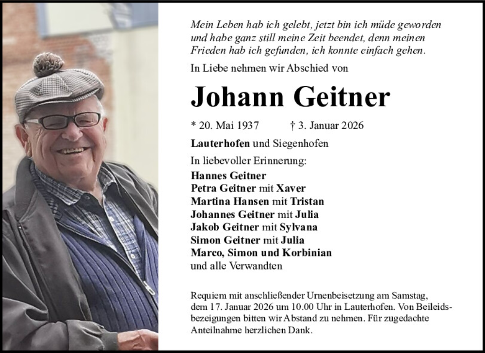  Traueranzeige für Johann Geitner vom 14.01.2026 aus Neumarkter Tagblatt