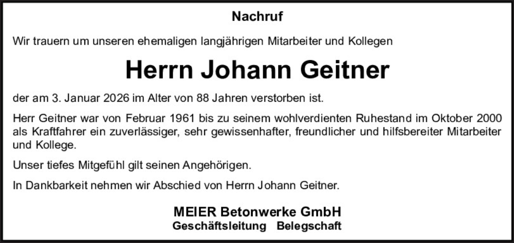  Traueranzeige für Johann Geitner vom 14.01.2026 aus Neumarkter Tagblatt