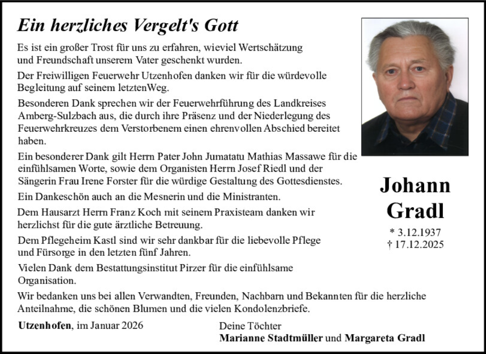  Traueranzeige für Johann Gradl vom 24.01.2026 aus Neumarkter Tagblatt