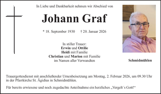 Traueranzeige von Johann Graf von Mittelbayerische Zeitung Schwandorf