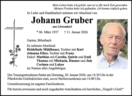 Traueranzeige von Johann Gruber von Bayerwald Echo