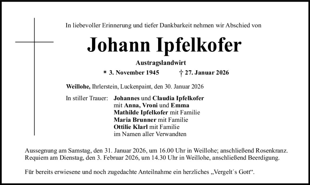  Traueranzeige für Johann Ipfelkofer vom 30.01.2026 aus Mittelbayerische Zeitung Regensburg