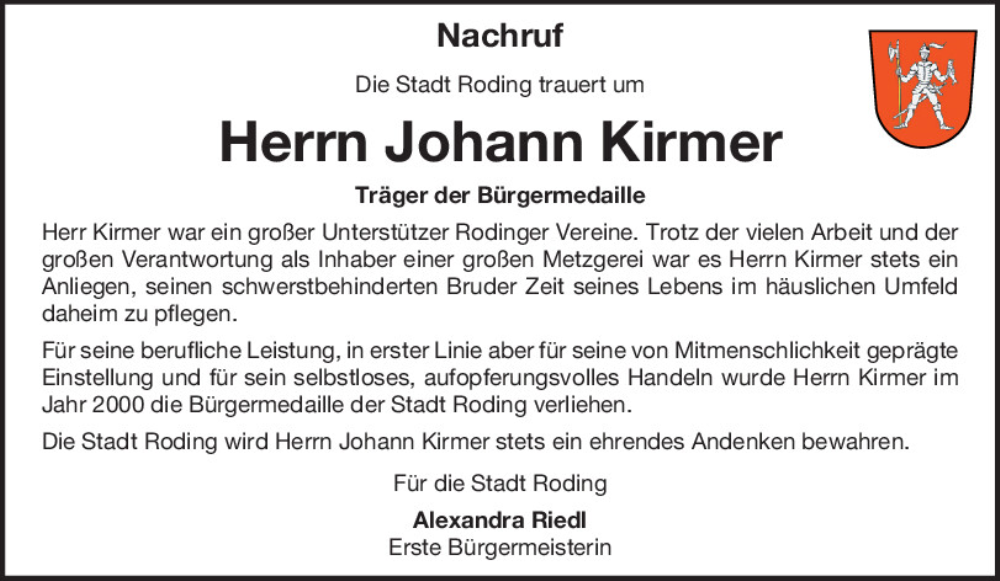  Traueranzeige für Johann Kirmer vom 29.01.2026 aus Bayerwald Echo