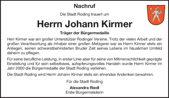 Traueranzeige von Johann Kirmer von Bayerwald Echo