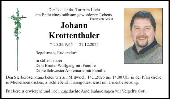 Traueranzeige von Johann Krottenthaler von Bayerwald Echo