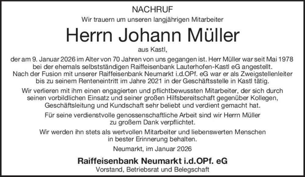  Traueranzeige für Johann Müller vom 21.01.2026 aus Neumarkter Tagblatt