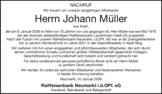 Traueranzeige von Johann Müller von Neumarkter Tagblatt