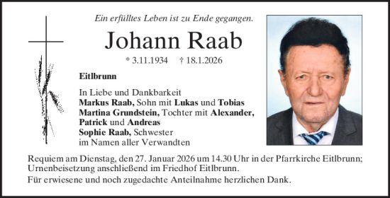 Traueranzeige von Johann Raab von Mittelbayerische Zeitung Regensburg