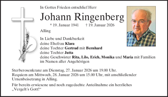Traueranzeige von Johann Ringenberg von Mittelbayerische Zeitung Regensburg