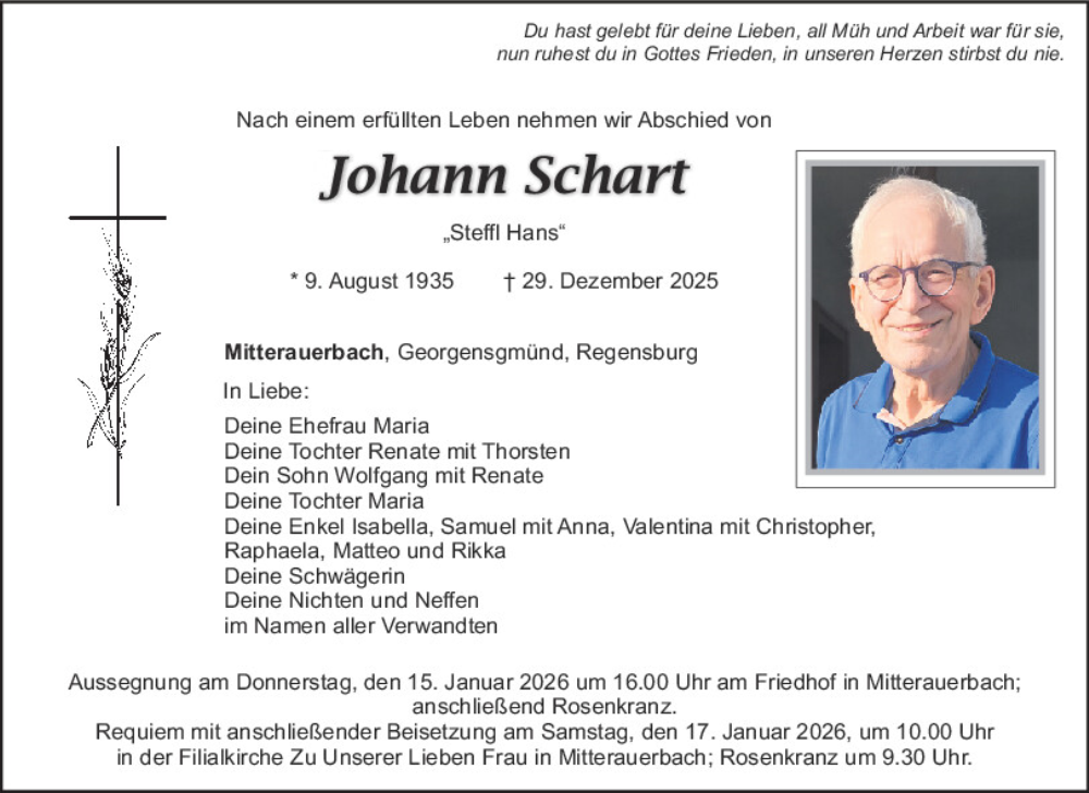  Traueranzeige für Johann Schart vom 13.01.2026 aus Mittelbayerische Zeitung Schwandorf