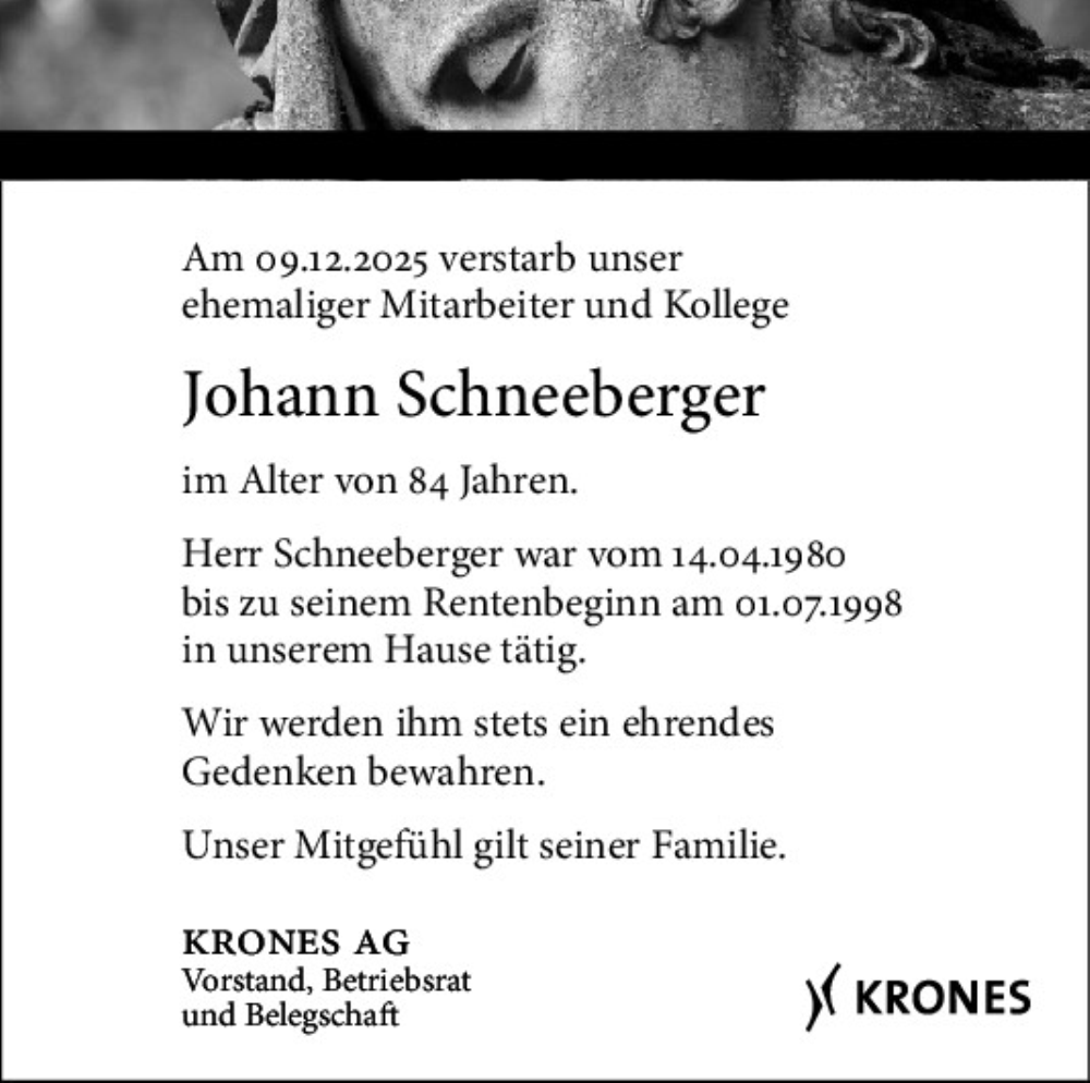  Traueranzeige für Johann Schneeberger vom 17.01.2026 aus Mittelbayerische Zeitung Schwandorf