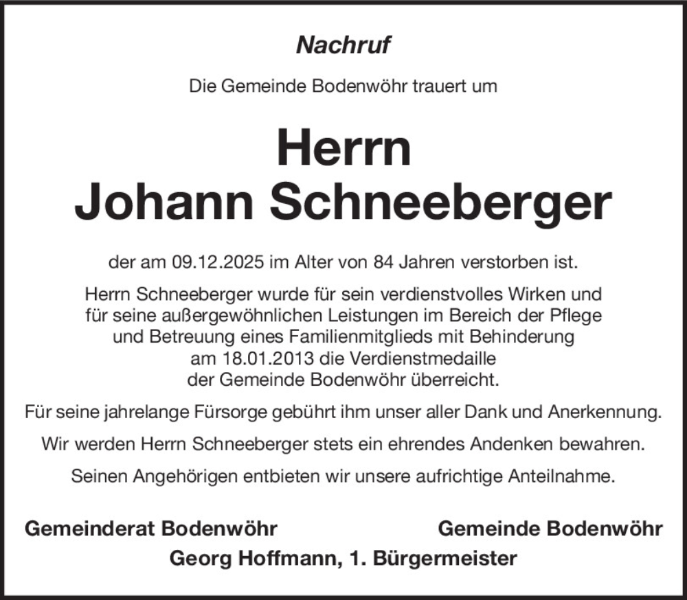  Traueranzeige für Johann Schneeberger vom 17.01.2026 aus Mittelbayerische Zeitung Schwandorf