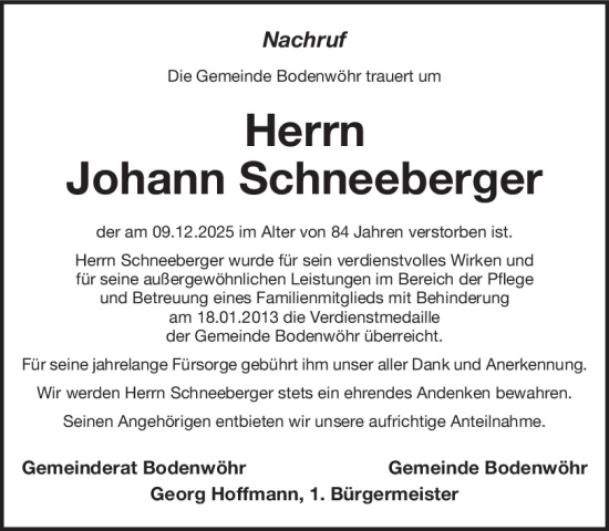 Traueranzeige von Johann Schneeberger von Mittelbayerische Zeitung Schwandorf