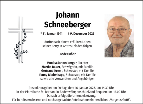 Traueranzeige von Johann Schneeberger von Mittelbayerische Zeitung Schwandorf