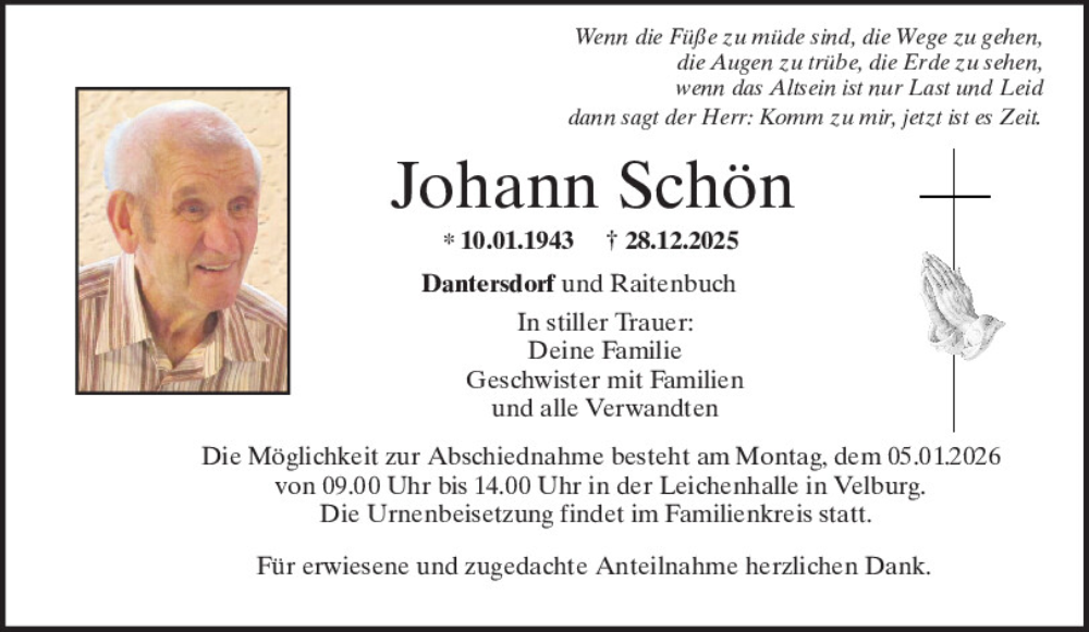  Traueranzeige für Johann Schön vom 03.01.2026 aus Neumarkter Tagblatt