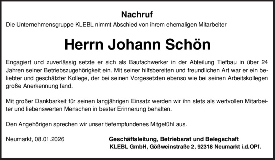 Traueranzeige von Johann Schön von Neumarkter Tagblatt