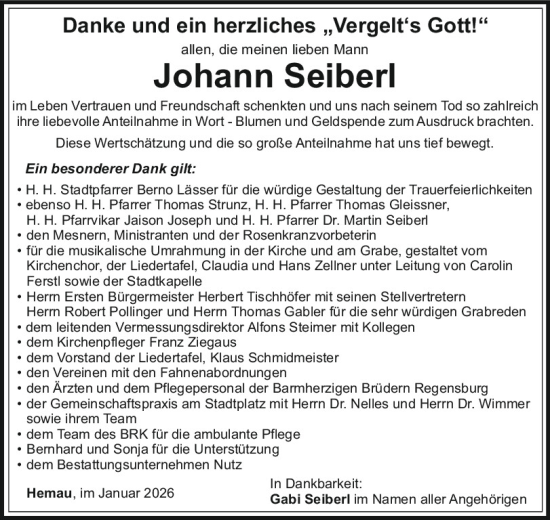Traueranzeige von Johann Seiberl von Mittelbayerische Zeitung Regensburg