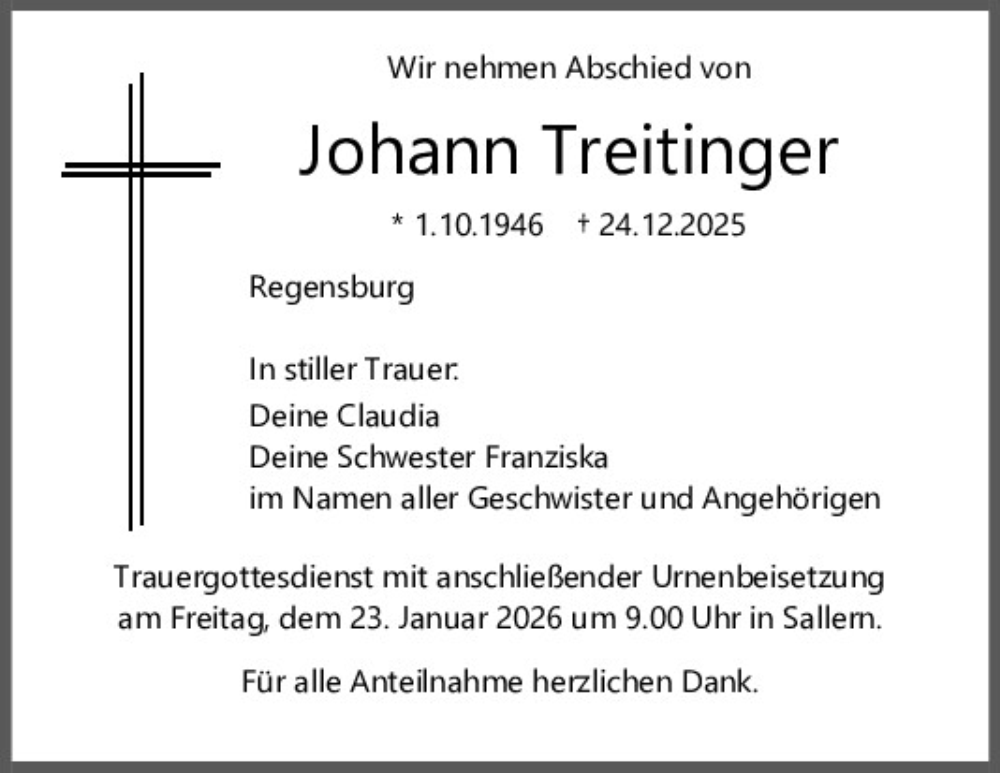  Traueranzeige für Johann Treitinger vom 17.01.2026 aus Mittelbayerische Zeitung Regensburg