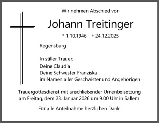 Traueranzeige von Johann Treitinger von Mittelbayerische Zeitung Regensburg