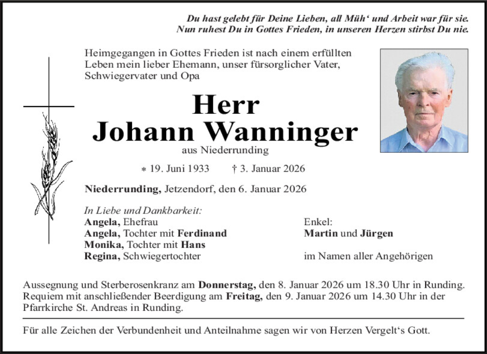  Traueranzeige für Johann Wanninger vom 06.01.2026 aus Bayerwald Echo