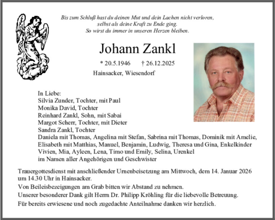 Traueranzeige von Johann Zankl von Mittelbayerische Zeitung Regensburg