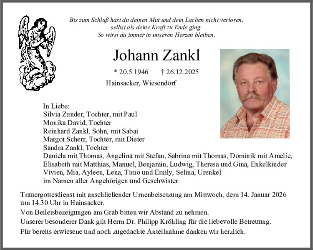  Traueranzeige für Johann Zankl vom 10.01.2026 aus Mittelbayerische Zeitung Regensburg