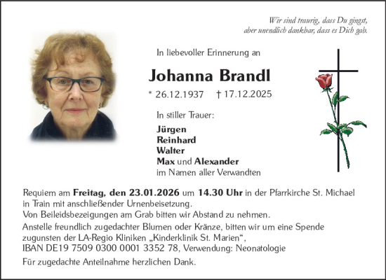 Traueranzeige von Johanna Brandl von Mittelbayerische Zeitung Kelheim