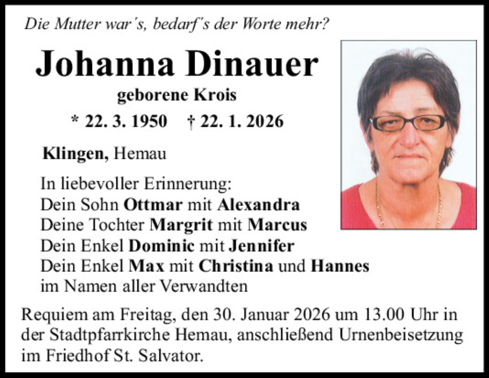  Traueranzeige für Johanna Dinauer vom 28.01.2026 aus Mittelbayerische Zeitung Regensburg