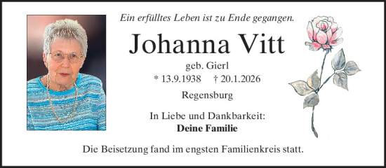Traueranzeige von Johanna Vitt von Mittelbayerische Zeitung Regensburg