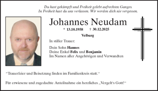 Traueranzeige von Johannes Neudam von Neumarkter Tagblatt