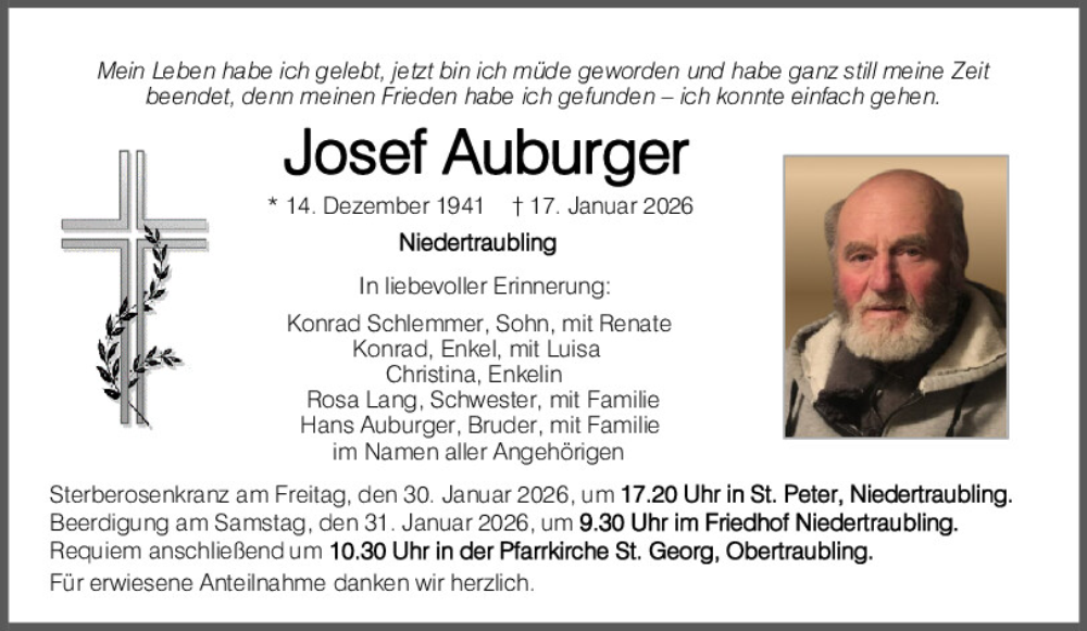  Traueranzeige für Josef Auburger vom 24.01.2026 aus Mittelbayerische Zeitung Regensburg