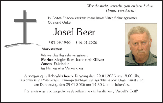 Traueranzeige von Josef Beer von Neumarkter Tagblatt