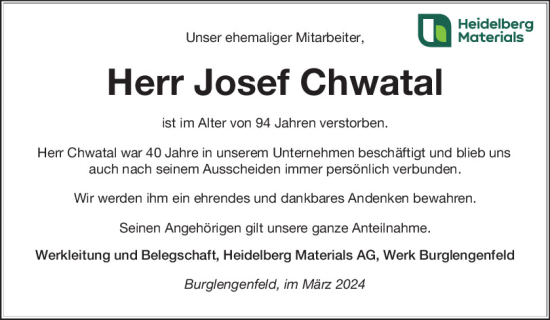 Traueranzeige von Josef Chwatal von Mittelbayerische Zeitung Schwandorf